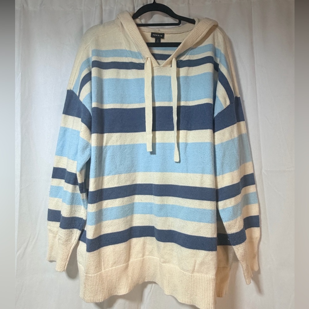 Torrid Blue and Cream Striped Knit Hoodie